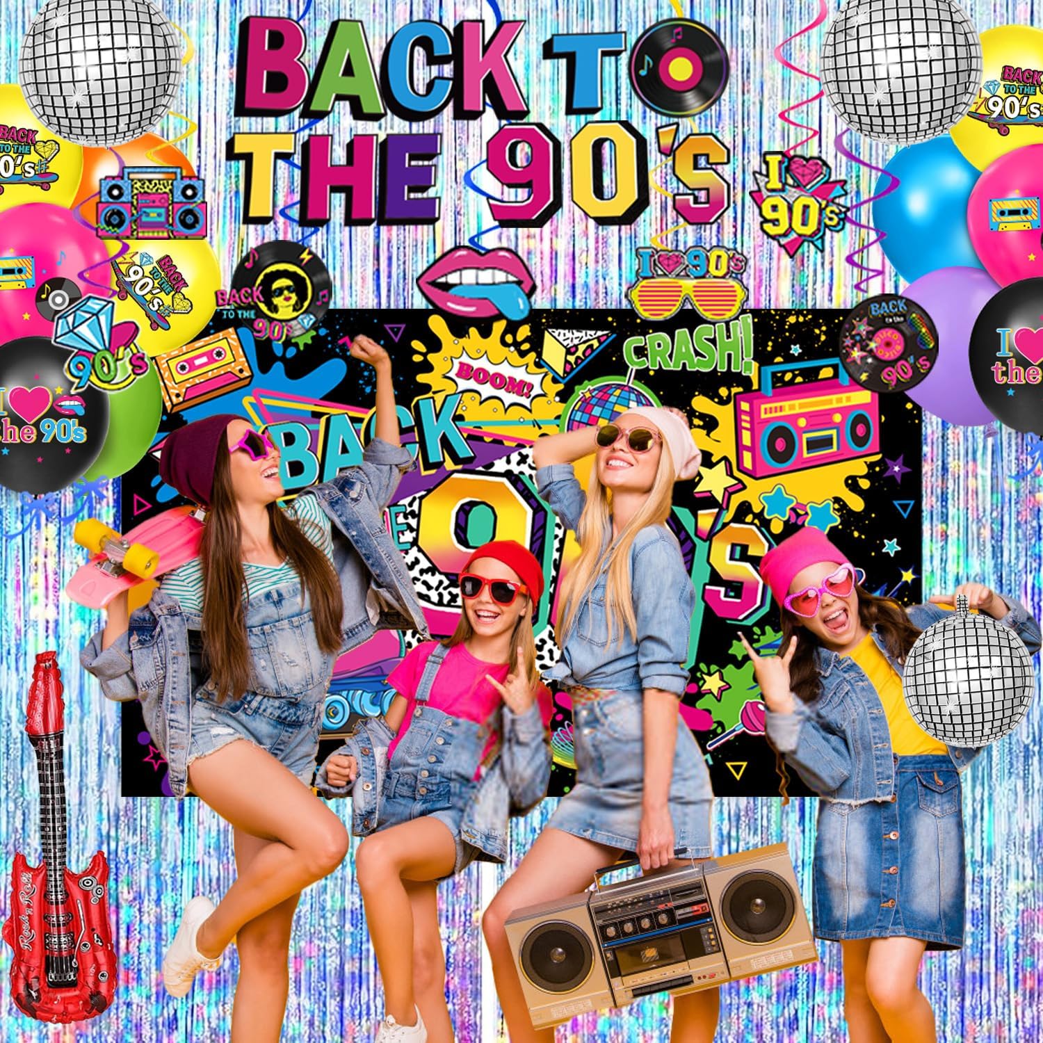 90s Party Decorations Includes 90's Backdrop, Foil & Latex Balloons, Cake & Cupcake Toppers, Honeycomb Centerpieces Banner, Hanging Swirls for 80s 90s Party Decorations